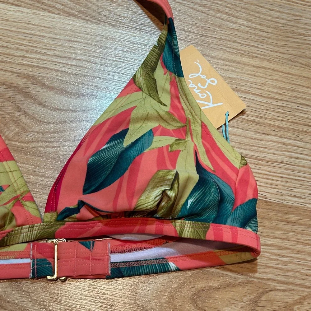 NWT Kona Sol Womens‎ Tropical Leaf Halter Triangle Bikini Top Coral Small